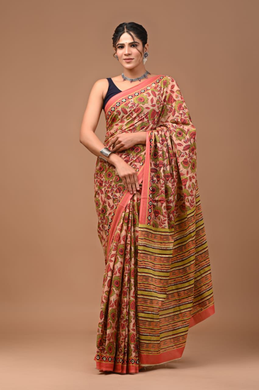 Pure Cotton Block Print Bagru Saree(Peach)