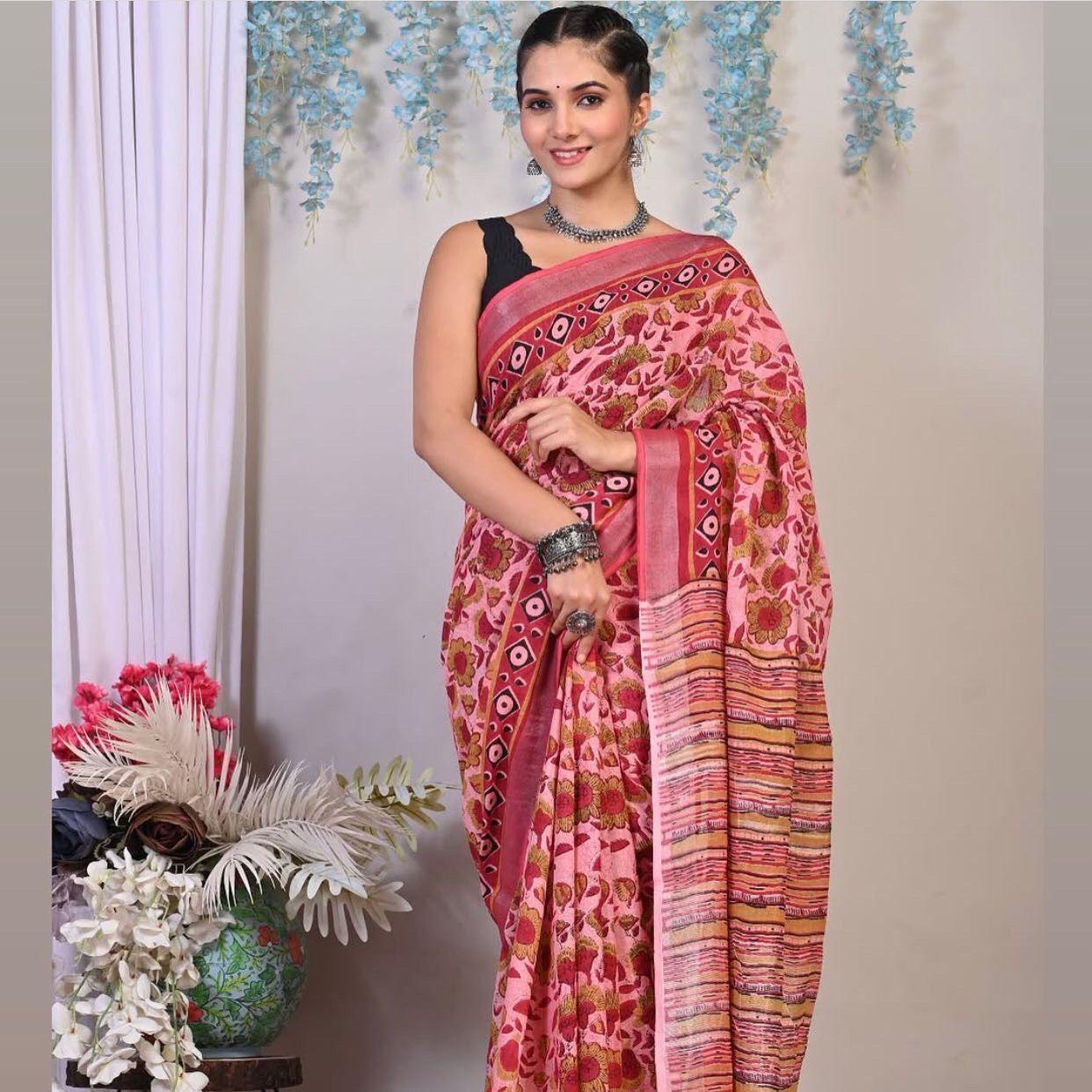 Pure Cotton Block Print Bagru Saree (Bloom)