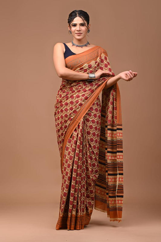 Pure Cotton Block Print Bagru Saree (Brick)