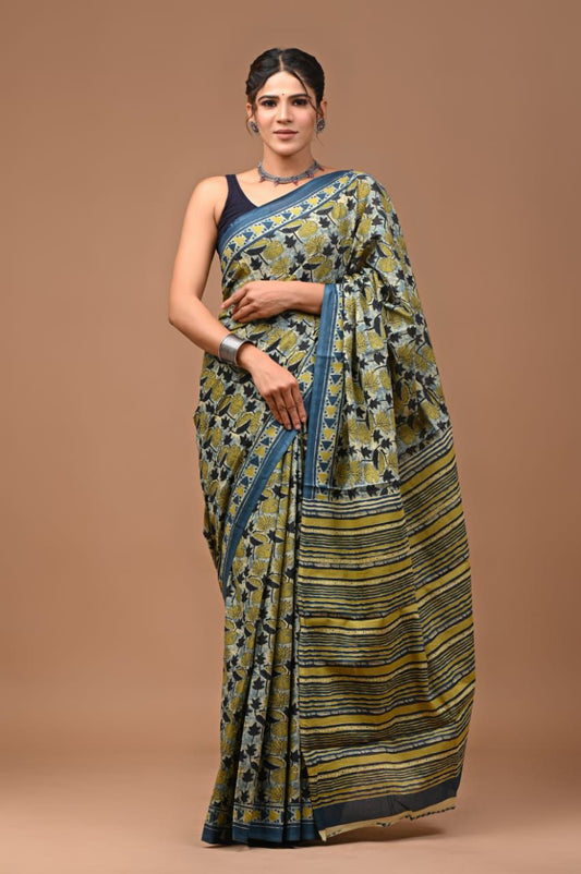 Pure Cotton Block Print Bagru Saree (Blue)