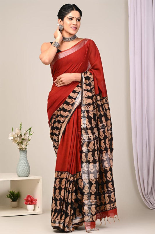 Pure Cotton Block Print Bagru Saree (Red Plain)