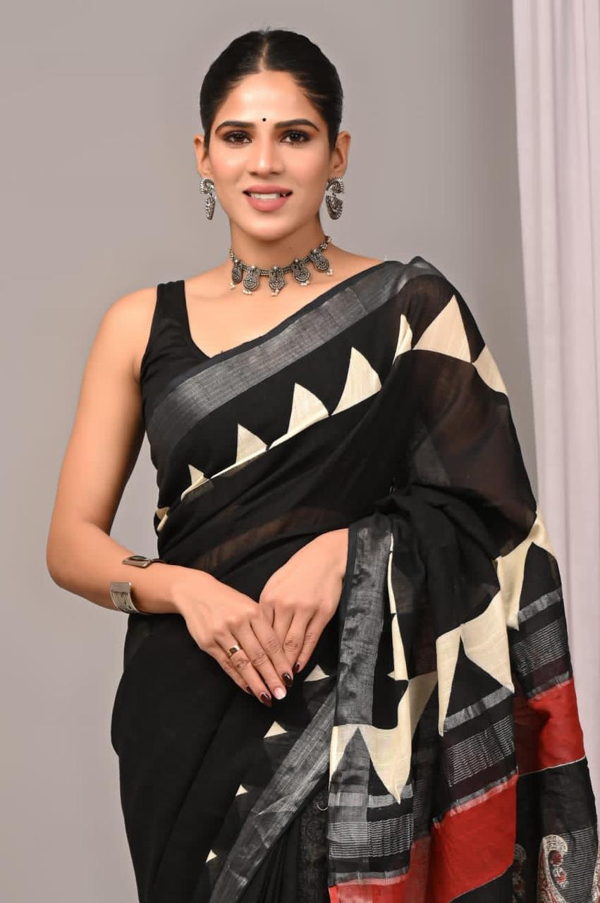 Pure Cotton Block Print Bagru Saree (Symmetry)