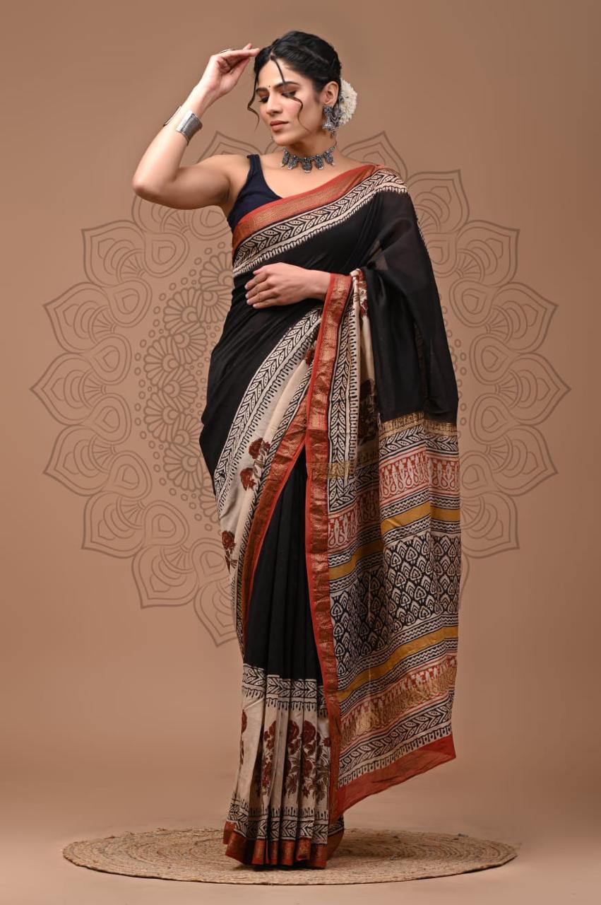 Pure Cotton Block Print Bagru Saree (Black Bouquet)