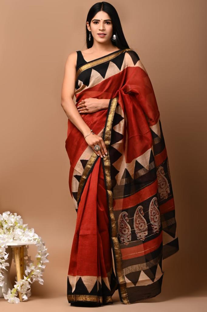 Pure Cotton Block Print Bagru Saree (Symmetry)