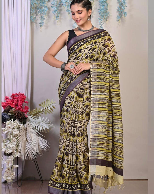 Pure Cotton Block Print Bagru Saree (Bloom)